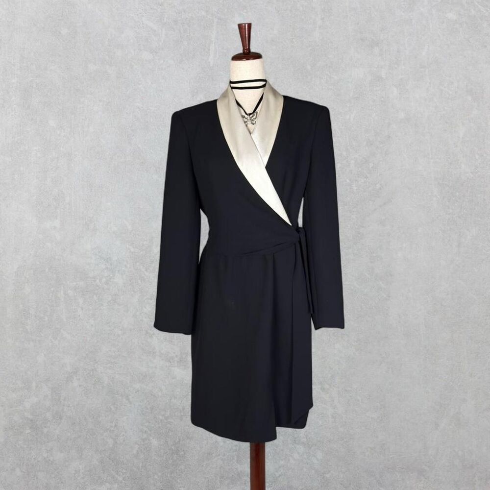 Vintage 90s Jones New York Dress Black Tuxedo Long Sleeve Wrap Dress